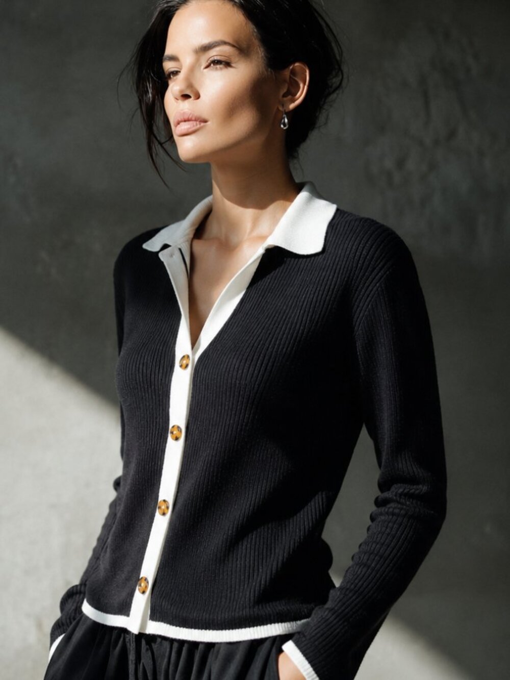 Cable & Gauge Ribbed Knit Collared Cardigan Sweater